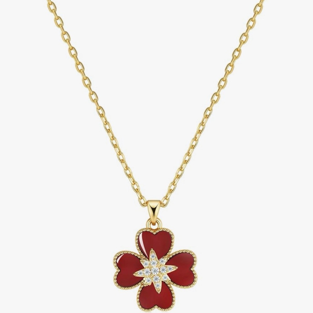 NEW 18K gold plated Red Burgundy Maroon Heart Floral CZ Enamel Pendant Necklace